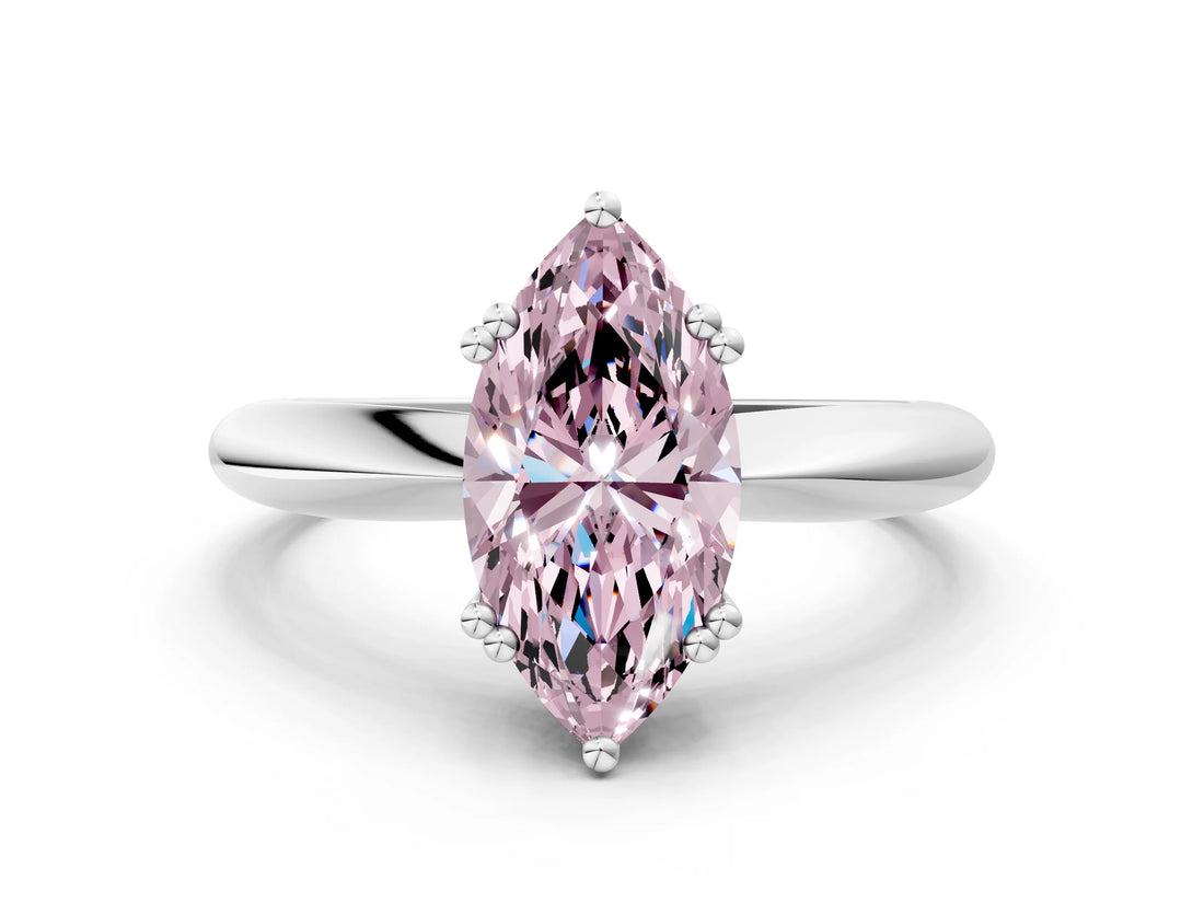 Silver Fancy Pink Marquise  Cut Solitaire Engagement Ring with Tapered Band and Four-Prong Setting