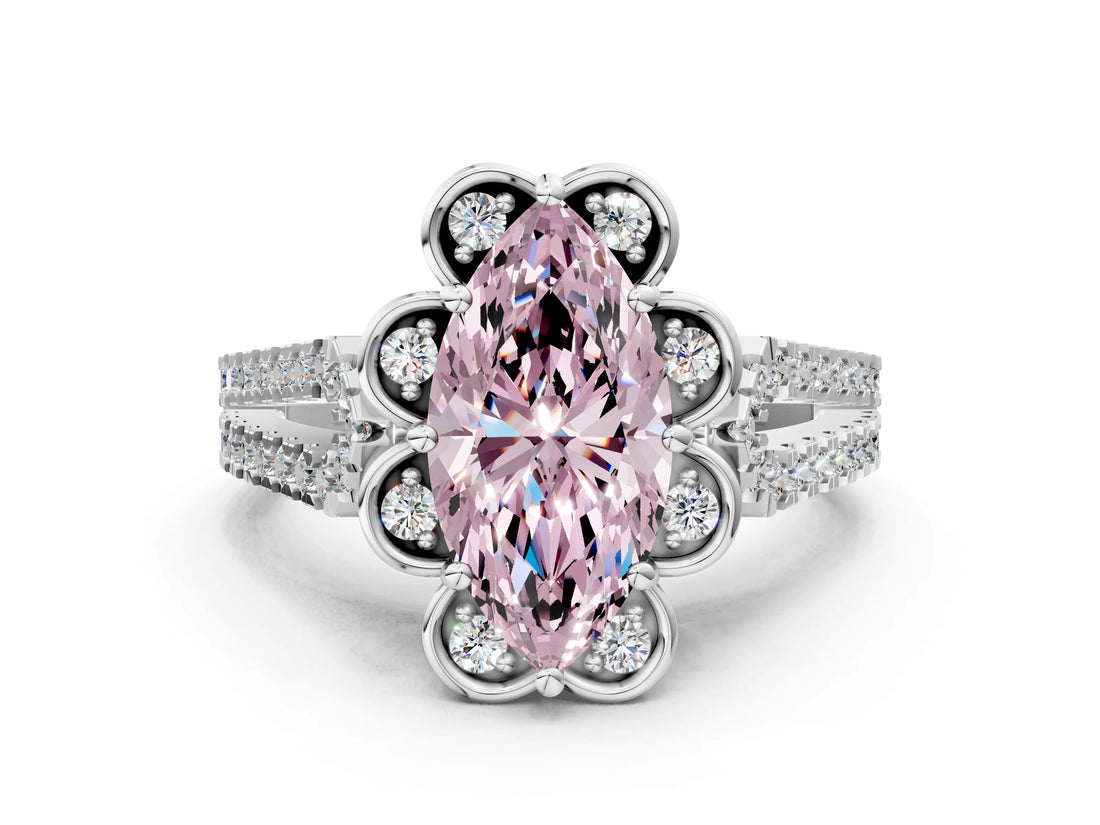 Silver Fancy Pink Marquise  Halo Diamond Floral Split Shank Engagement Ring