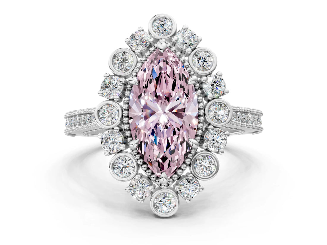 Silver Fancy Pink Marquise  Halo Milgrain Pave Diamond Ring with Four-Prong Setting
