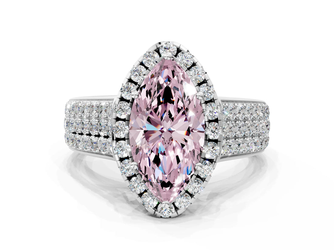 Silver Fancy Pink Marquise  Halo Round Diamond Pave Band with Prong Setting