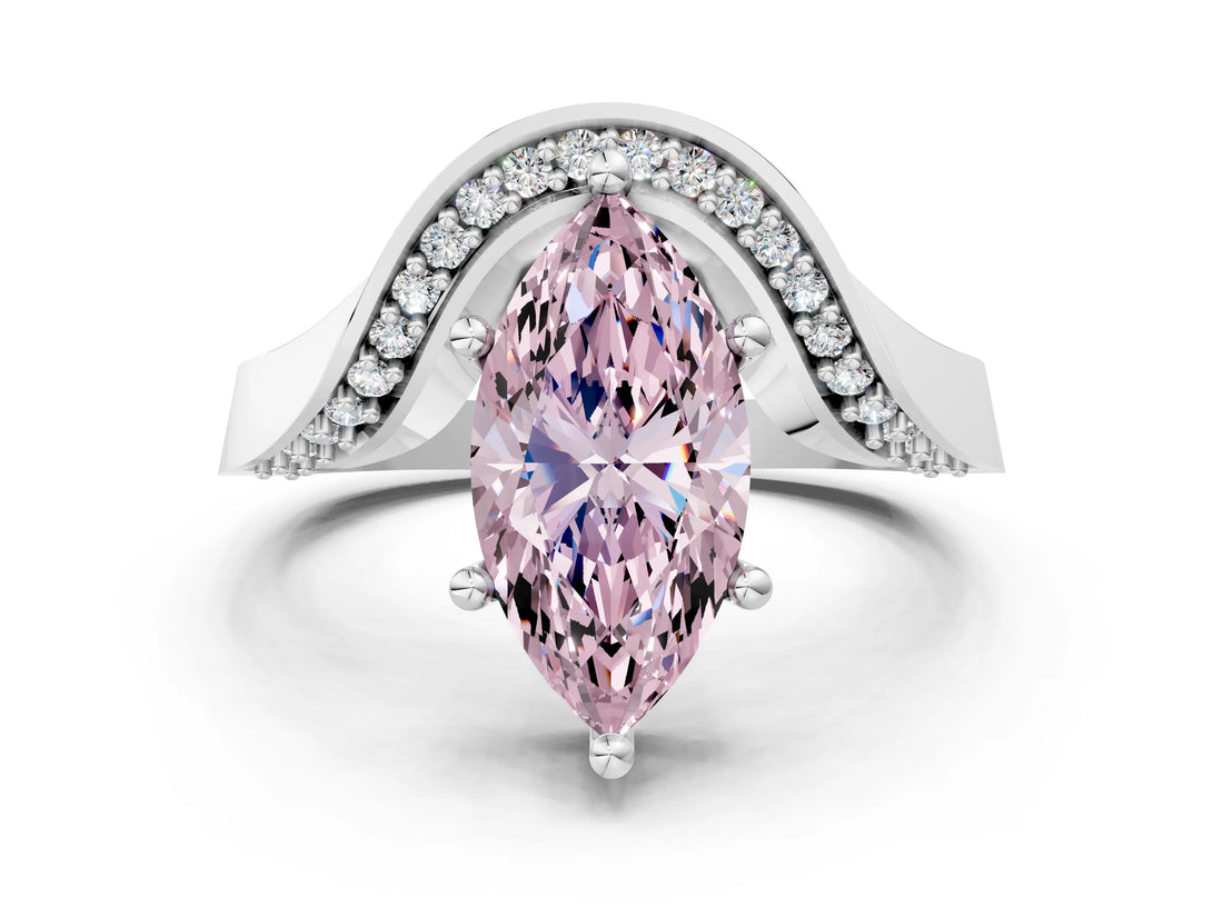 Silver Fancy Pink Marquise  Solitaire Diamond Engagement Ring with Pave Band and Four-Prong Setting 1