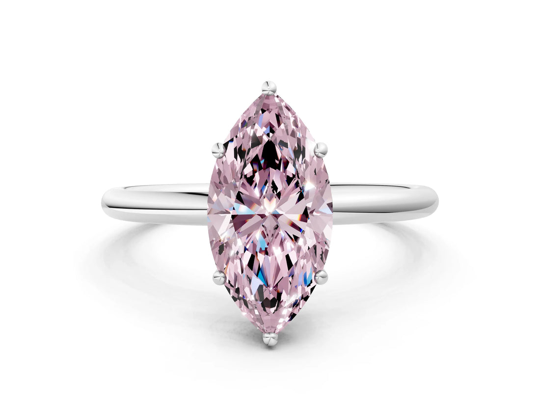 Silver Fancy Pink Marquise  Solitaire Diamond Ring with a Classic Band and Four-Prong Setting