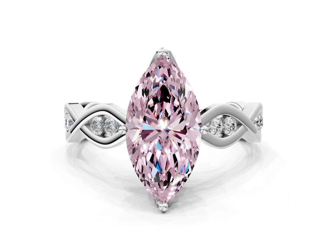 Silver Fancy Pink Marquise  Solitaire Twist Band with Leaf Prong Setting 1