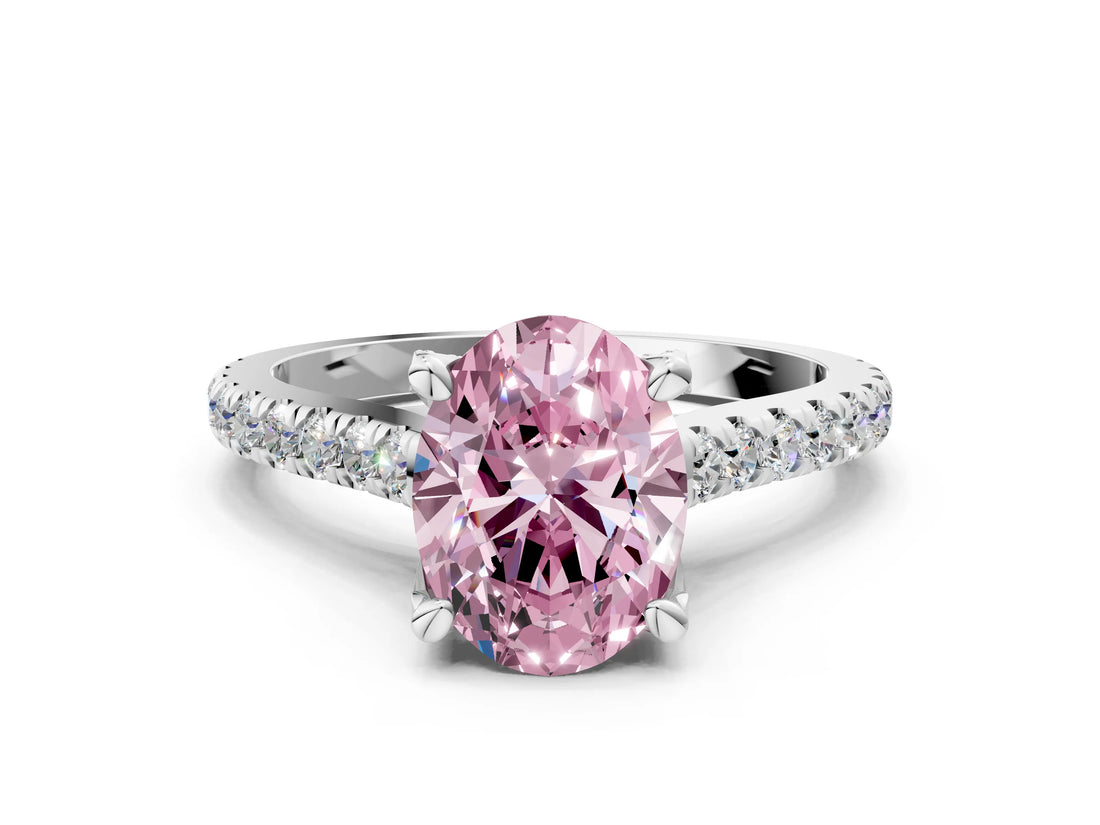 Silver Fancy Pink Oval  Brilliant Diamond Solitaire with Pavé Band and Four-Prong Setting
