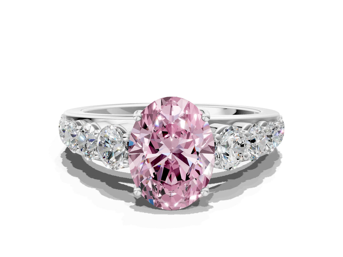 Silver Fancy Pink Oval Cut Brilliant Diamond Pavé Band with Six-Prong Setting_18