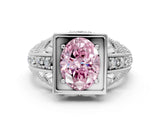 Silver Fancy Pink Oval Cut Brilliant Milgrain Filigree Diamond Ring with Square Prong Setting_108
