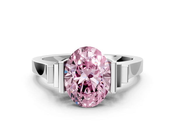 Silver Fancy Pink Oval Cut Brilliant Solitaire Diamond Ring with Channel Set Band and Bar Prong Setting