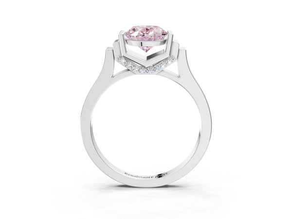 Silver Fancy Pink Oval Cut Brilliant Solitaire Diamond Ring with Channel Set Band and Bar Prong Setting