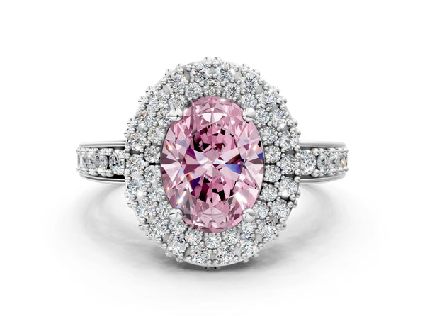 Silver Fancy Pink Oval Cut Diamond Double Halo Ring with Pavé Band and Four-Prong Setting