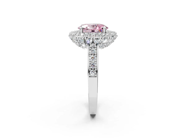 Silver Fancy Pink Oval Cut Diamond Double Halo Ring with Pavé Band and Four-Prong Setting