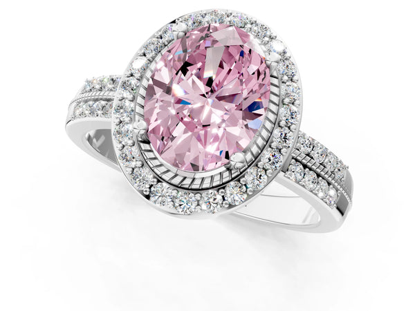 Silver Fancy Pink Oval Cut Diamond Double Halo Ring with Split Shank and Four-Prong Setting