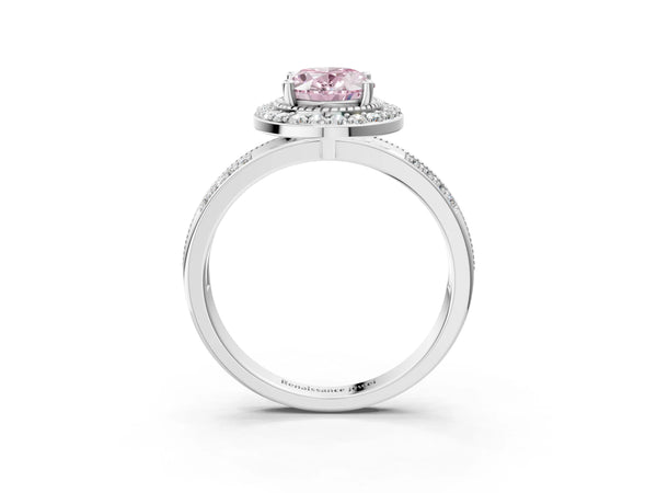 Silver Fancy Pink Oval Cut Diamond Double Halo Ring with Split Shank and Four-Prong Setting