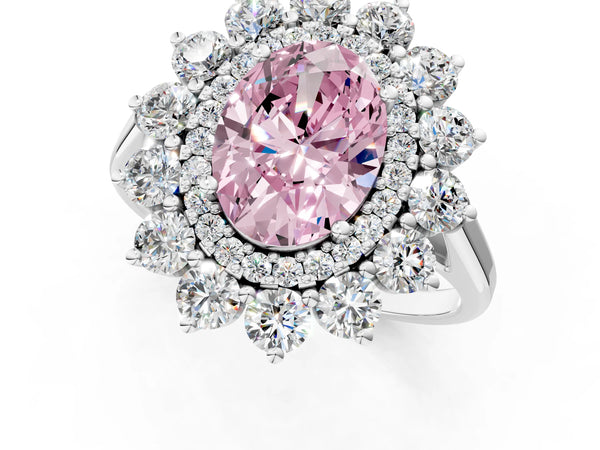 Sterling Silver Oval Floral Double Halo Engagement Ring Setting for Fancy Pink Center