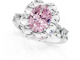 Silver Fancy Pink Oval  Cut Diamond Floral Halo Engagement Ring with Shared Prong Setting 3