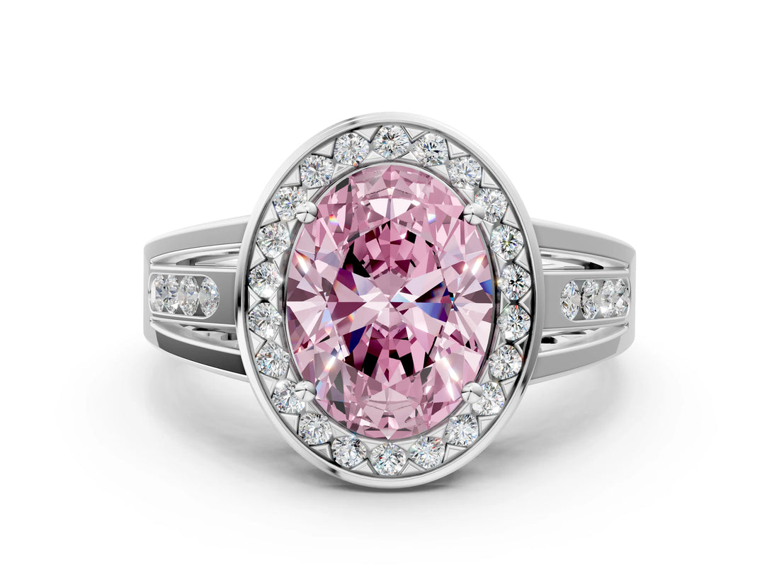 Silver Fancy Pink Oval Cut Diamond Halo Ring with Split Shank and Bezel Accents and Prong Setting_12
