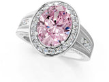 Silver Fancy Pink Oval Cut Diamond Halo Ring with Split Shank and Bezel Accents and Prong Setting_13