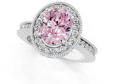 Silver Fancy Pink Oval Cut Diamond Milgrain Halo Engagement Ring with Round Pavé Band and Prong Setting_13