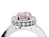 Silver Fancy Pink Oval Cut Diamond Milgrain Halo Engagement Ring with Round Pavé Band and Prong Setting_16