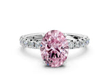 Silver Fancy Pink Oval Cut Diamond Pavé Solitaire Ring with Round Band and Prong Setting