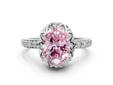 Silver Fancy Pink Oval Cut Diamond Scalloped Halo Engagement Ring with Round Shared Prong Band