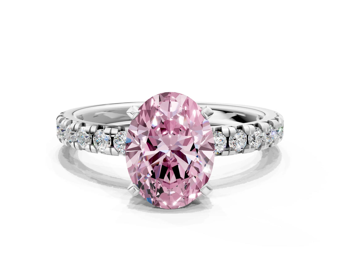 Silver Fancy Pink Oval Cut Diamond Solitaire Pavé Engagement Ring with Round Band and Prong Setting_1