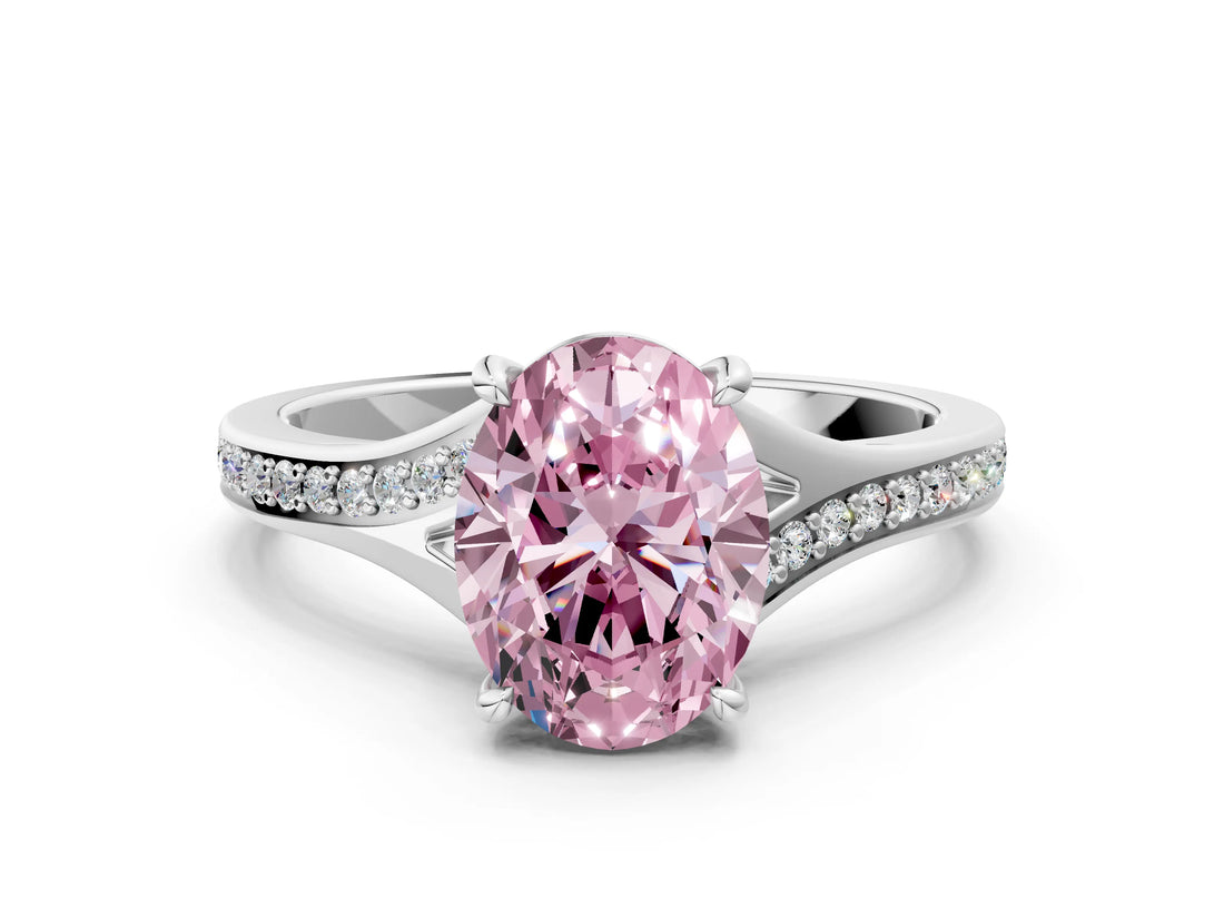 Silver Fancy Pink Oval Cut Diamond Solitaire Ring with Pavé Band and Prong Setting_12