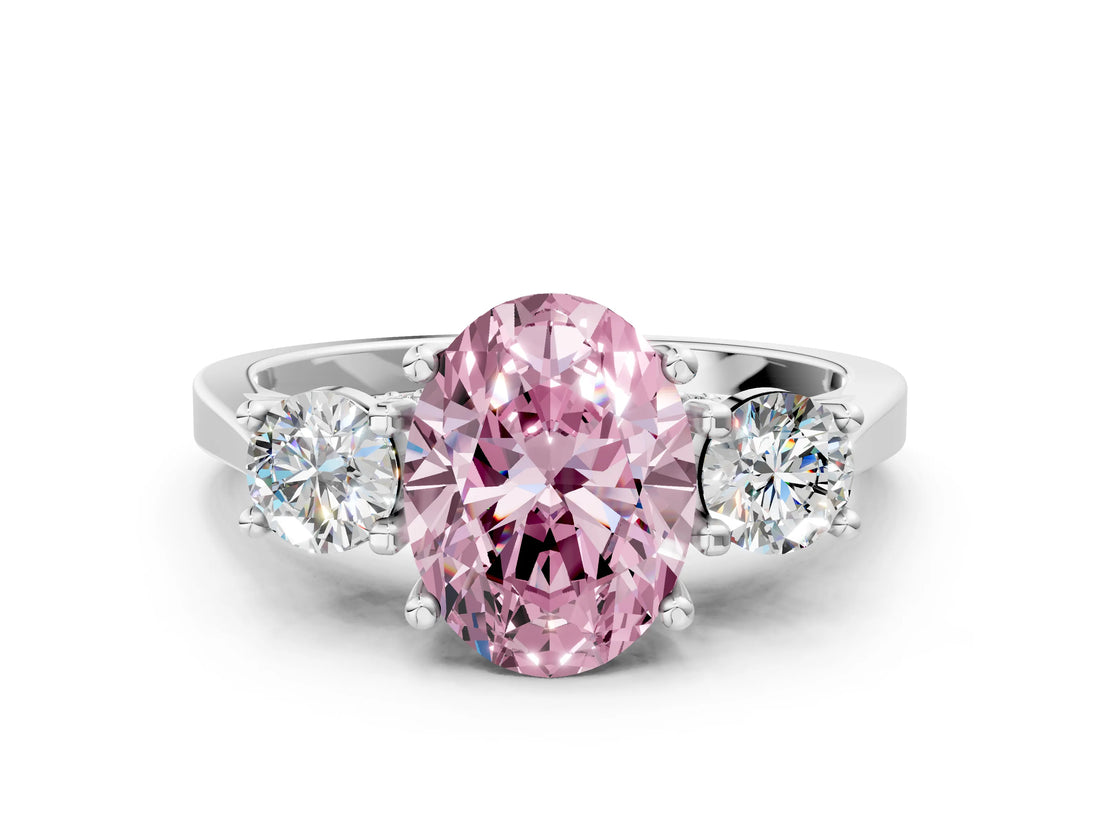 Silver Fancy Pink Oval Cut Diamond Three-Stone Engagement Ring with Prong Setting and Pavé Band_36
