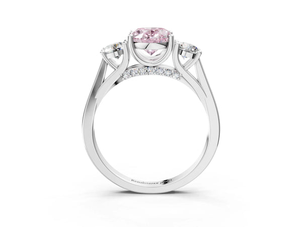 Silver Fancy Pink Oval Cut Diamond Three-Stone Engagement Ring with Prong Setting and Pavé Band