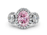 Silver Fancy Pink Oval Cut Diamond Three-Stone Halo Ring with Prong Setting and Pavé Accents_6