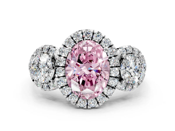 Sterling Silver Oval Three Stone Halo Engagement Ring Setting for Fancy Pink Center