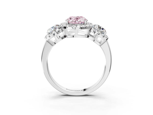 Sterling Silver Oval Three Stone Halo Engagement Ring Setting for Fancy Pink Center