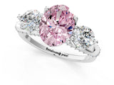 Silver Fancy Pink Oval Cut Diamond Three-Stone Ring with Prong Setting and Pavé Band_13
