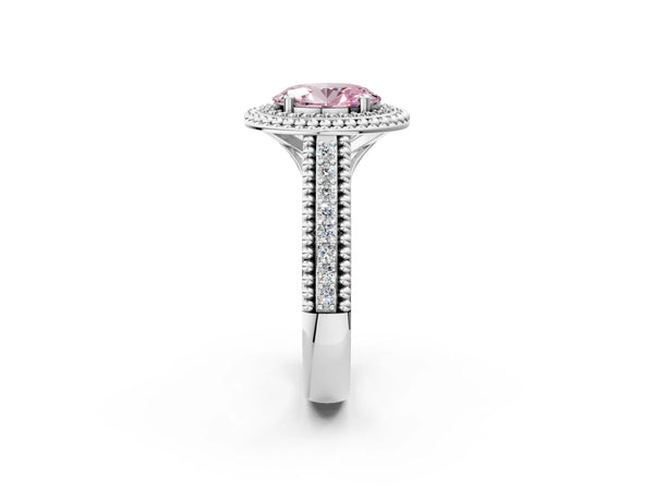 Sterling Silver Oval Beaded Halo Engagement Ring Setting for Fancy Pink Center with Pave