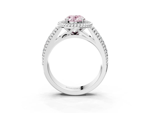 Sterling Silver Oval Beaded Halo Engagement Ring Setting for Fancy Pink Center with Pave
