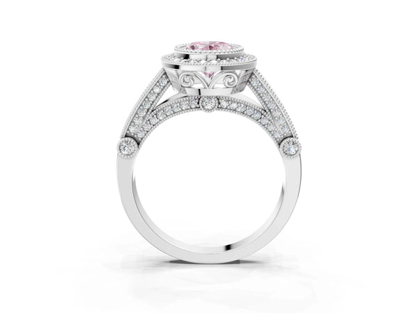 Sterling Silver Oval Vintage Bezel Halo Engagement Ring Setting for Fancy Pink Center