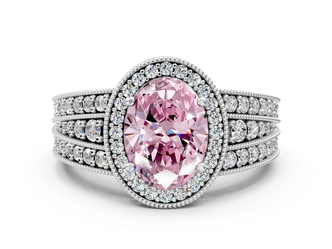 Silver Fancy Pink Oval Cut Halo Diamond Split Shank Ring with Prong Setting_36