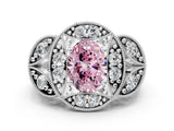 Silver Fancy Pink Oval Cut Halo Milgrain Diamond Engagement Ring with Leaf Band and Four-Prong Setting_6