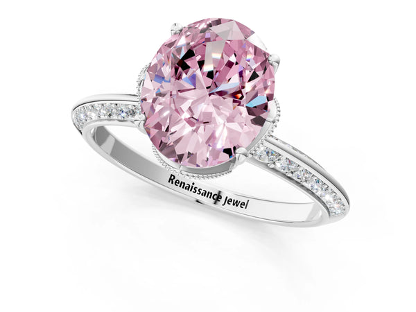 Sterling Silver Oval Graduated Pave Engagement Ring Setting for Fancy Pink Center