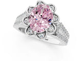 Silver Fancy Pink Oval  Halo Diamond Floral Split Shank Engagement Ring 2