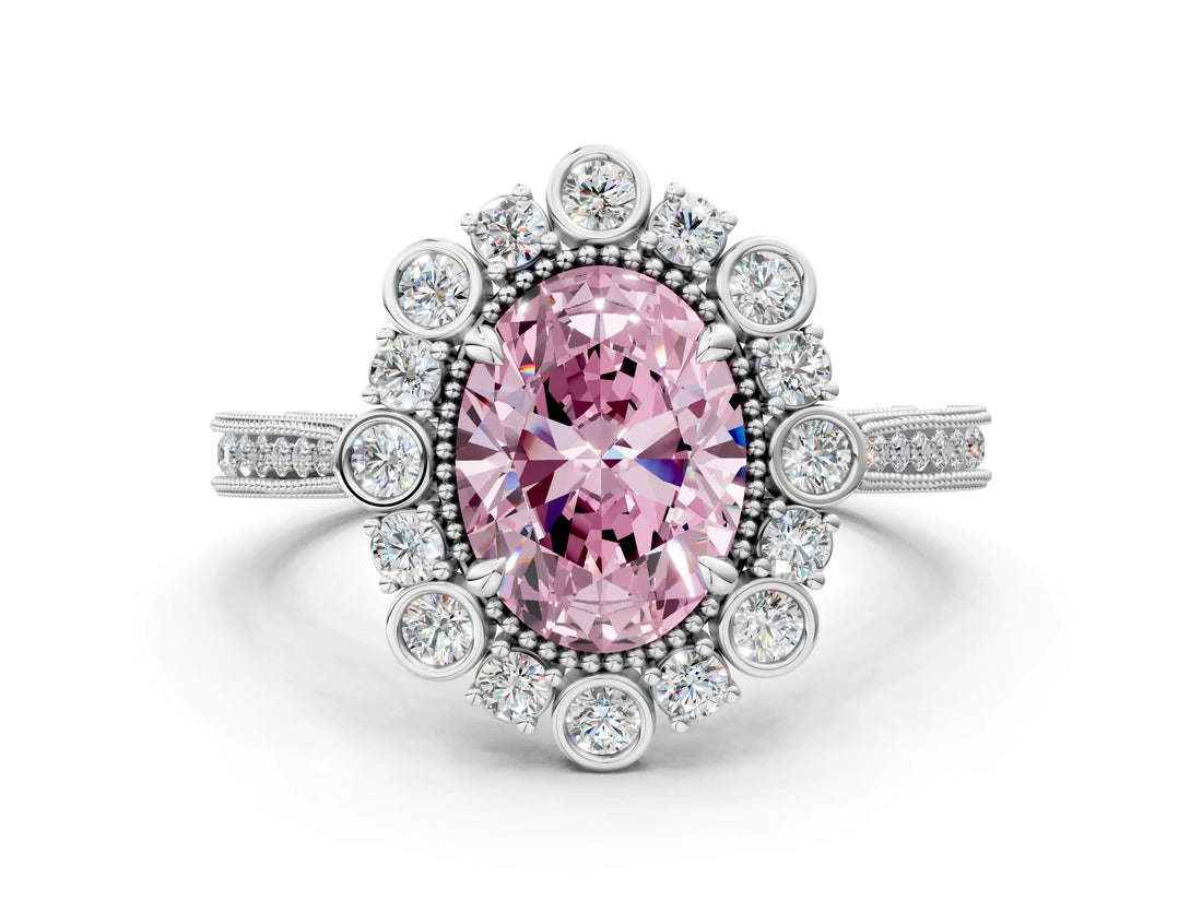 Silver Fancy Pink Oval  Halo Milgrain Pave Diamond Ring with Four-Prong Setting