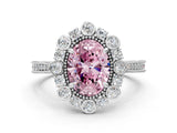 Silver Fancy Pink Oval  Halo Milgrain Pave Diamond Ring with Four-Prong Setting