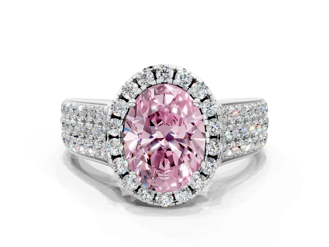 Silver Fancy Pink Oval  Halo Round Diamond Pave Band with Prong Setting