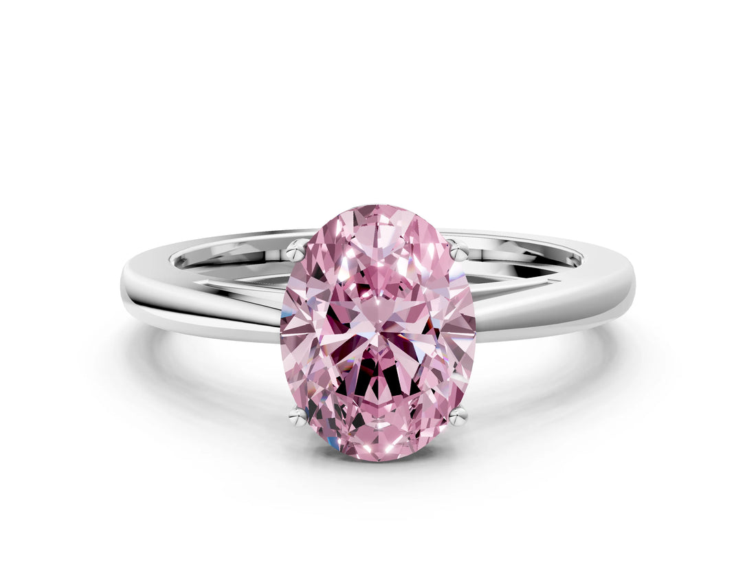 Silver Fancy Pink Oval  Solitaire Diamond Ring with Split Shank and Four-Prong Setting_12