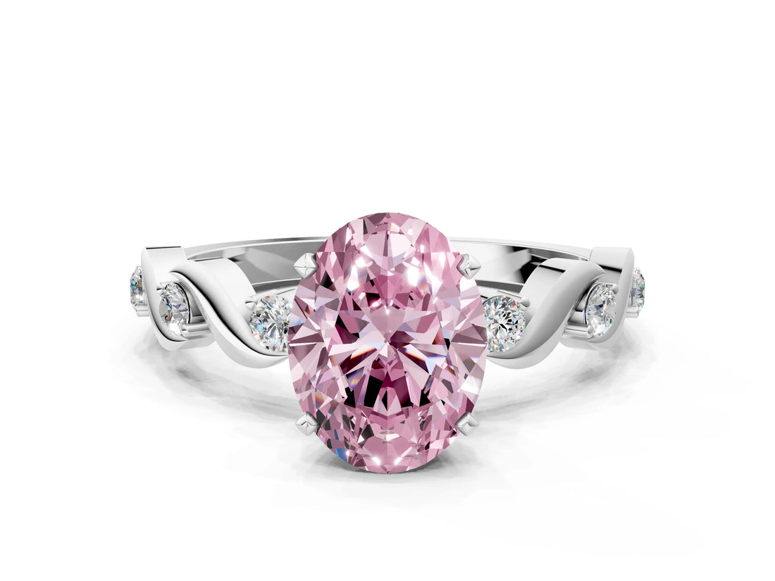 Silver Fancy Pink Oval  Solitaire Twisted Band with Prong Setting 1