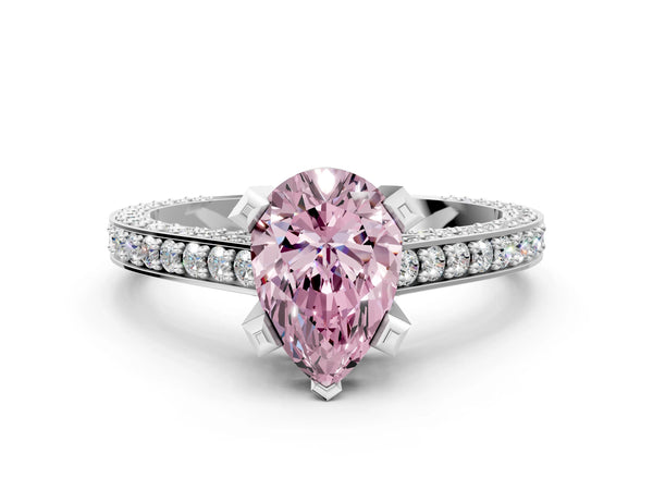 Silver Fancy Pink Pear Cut Brilliant Split Shank Pave Solitaire Ring with Four-Prong Setting