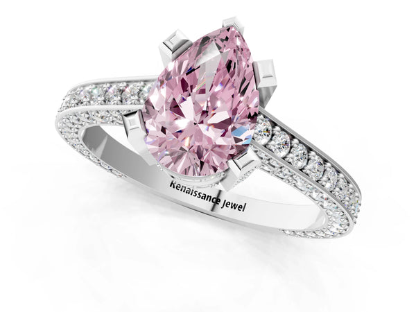 Silver Fancy Pink Pear Cut Brilliant Split Shank Pave Solitaire Ring with Four-Prong Setting