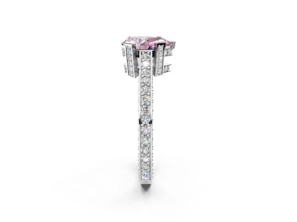 Silver Fancy Pink Pear Cut Brilliant Split Shank Pave Solitaire Ring with Four-Prong Setting