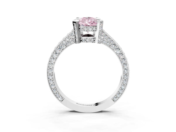 Silver Fancy Pink Pear Cut Brilliant Split Shank Pave Solitaire Ring with Four-Prong Setting