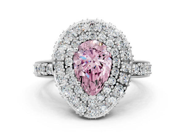 Silver Fancy Pink Pear Cut Diamond Double Halo Ring with Pavé Band and Four-Prong Setting