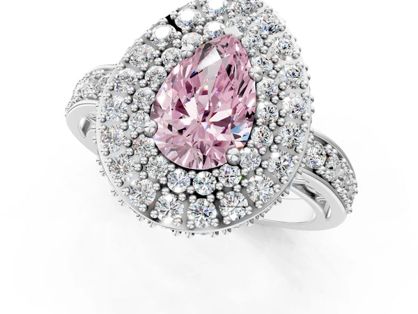 Silver Fancy Pink Pear Cut Diamond Double Halo Ring with Pavé Band and Four-Prong Setting